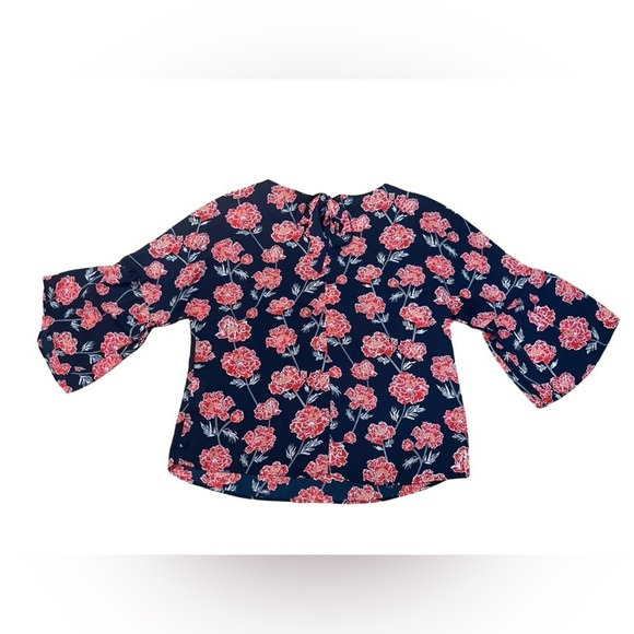 Banana Republic Floral Blouse Women XS Navy Red Romantic Bell Sleeve - Picture 3 of 12